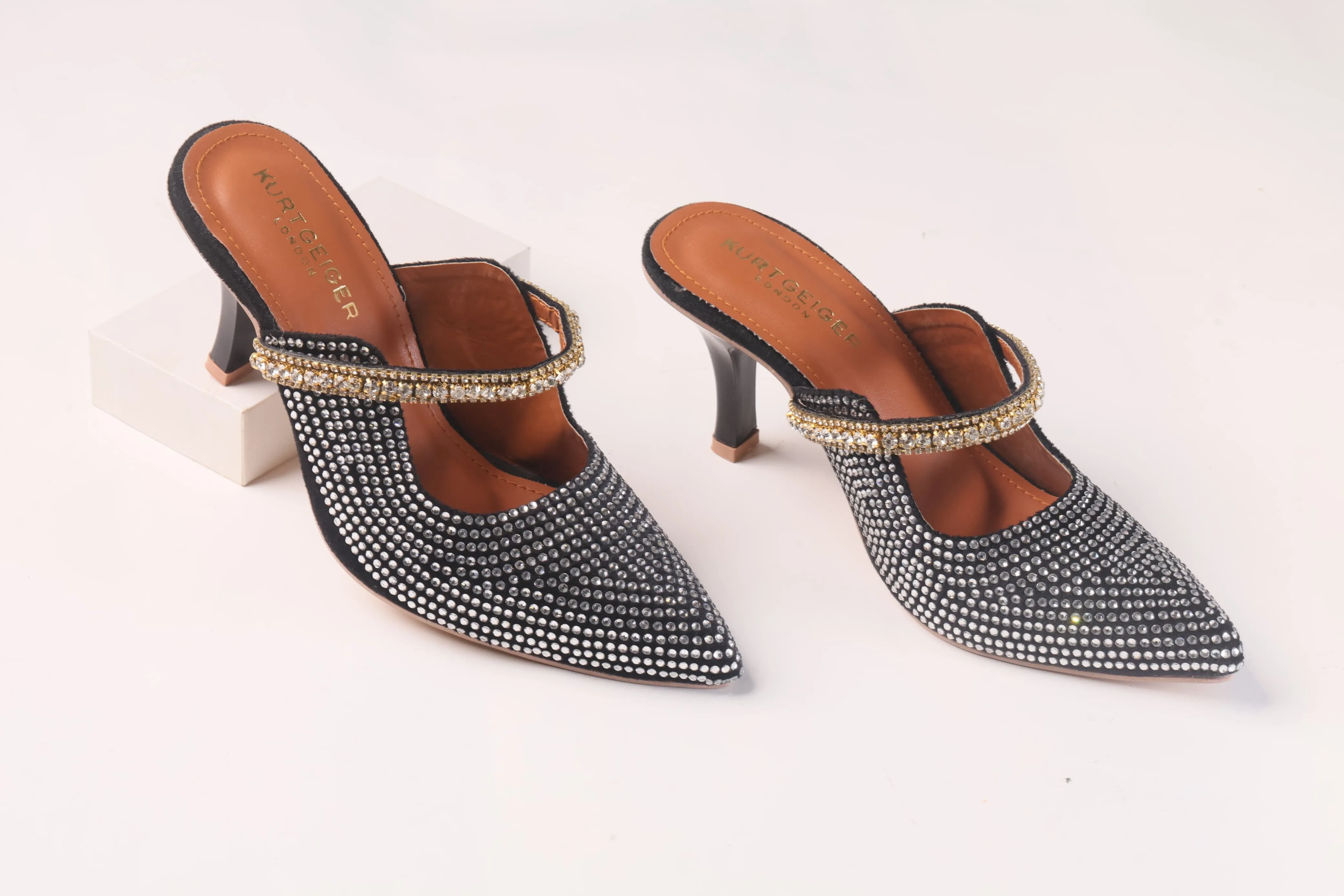 KURT GEIGER LONDON DUKE CRYSTAL EMBELLISHED CANVAS HEELED SANDALS - BLACK