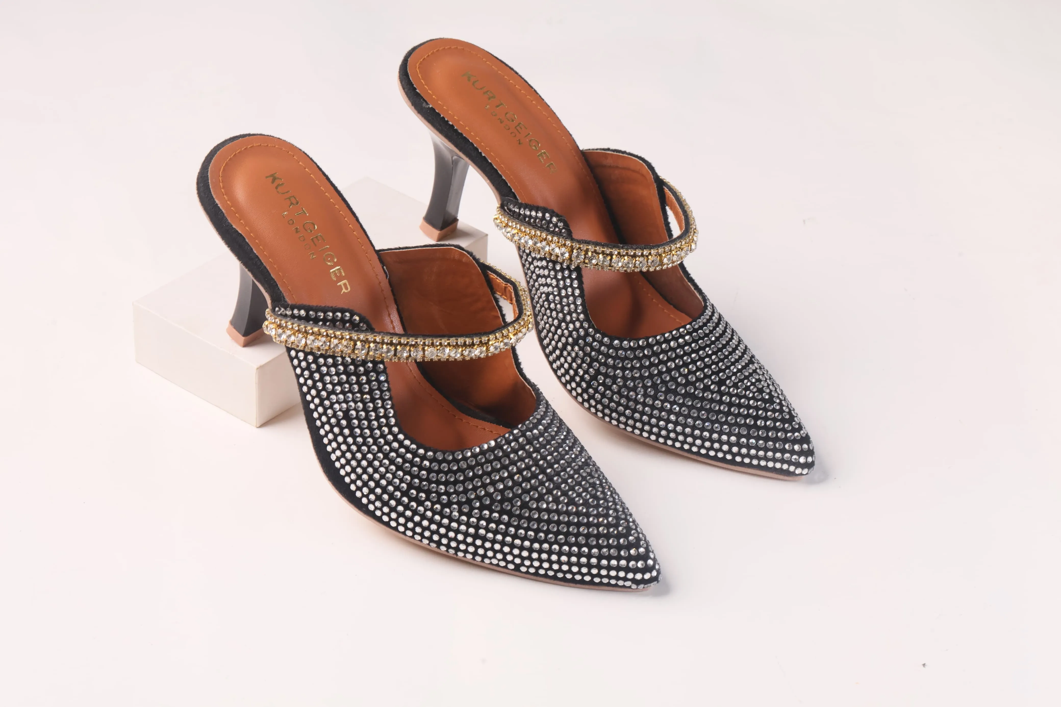 KURT GEIGER LONDON DUKE CRYSTAL EMBELLISHED CANVAS HEELED SANDALS - BLACK