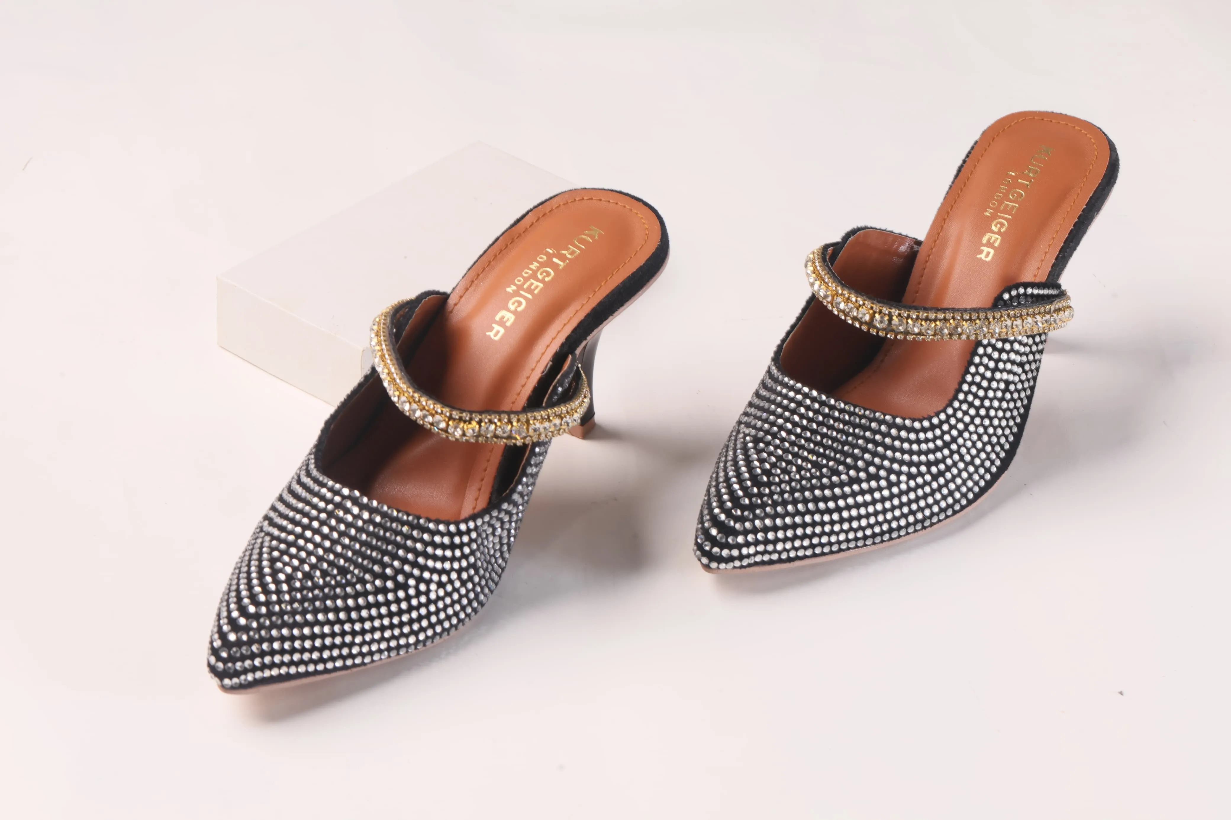 KURT GEIGER LONDON DUKE CRYSTAL EMBELLISHED CANVAS HEELED SANDALS - BLACK