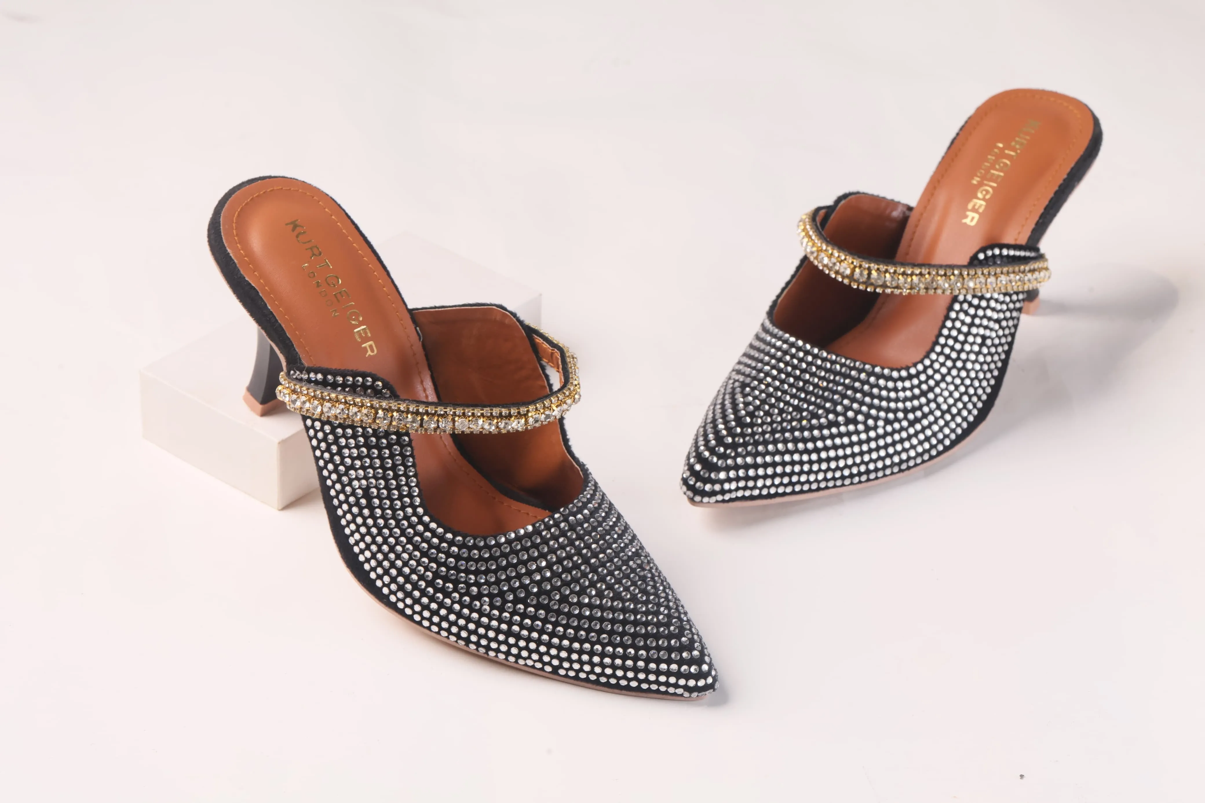 KURT GEIGER LONDON DUKE CRYSTAL EMBELLISHED CANVAS HEELED SANDALS - BLACK